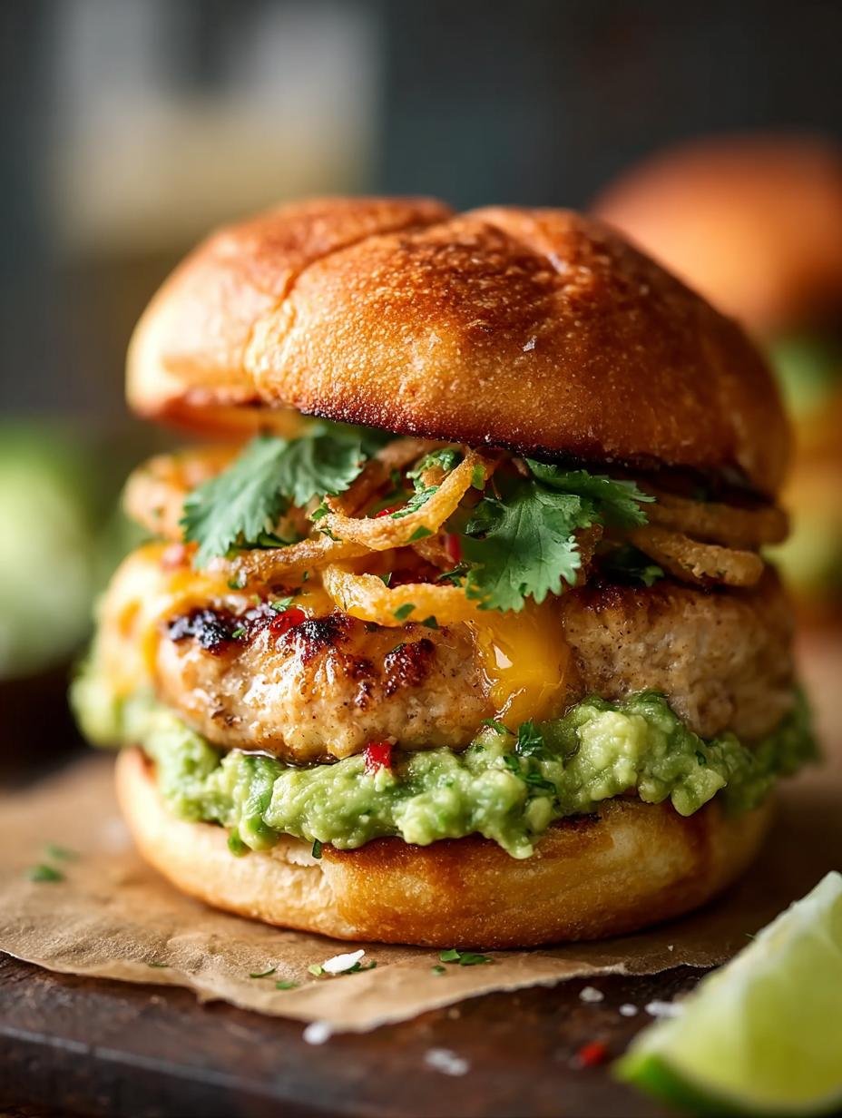 Verrukkelijke Jalapeño Cheddar Guacamole Kalkoen burger met gesmolten kaas en verse koriander