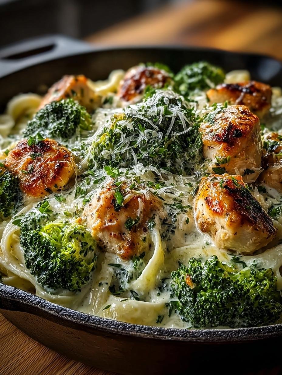 Close-up van romige Keto Kip Alfredo Broccoli met gesmolten kaas en verse peterselie