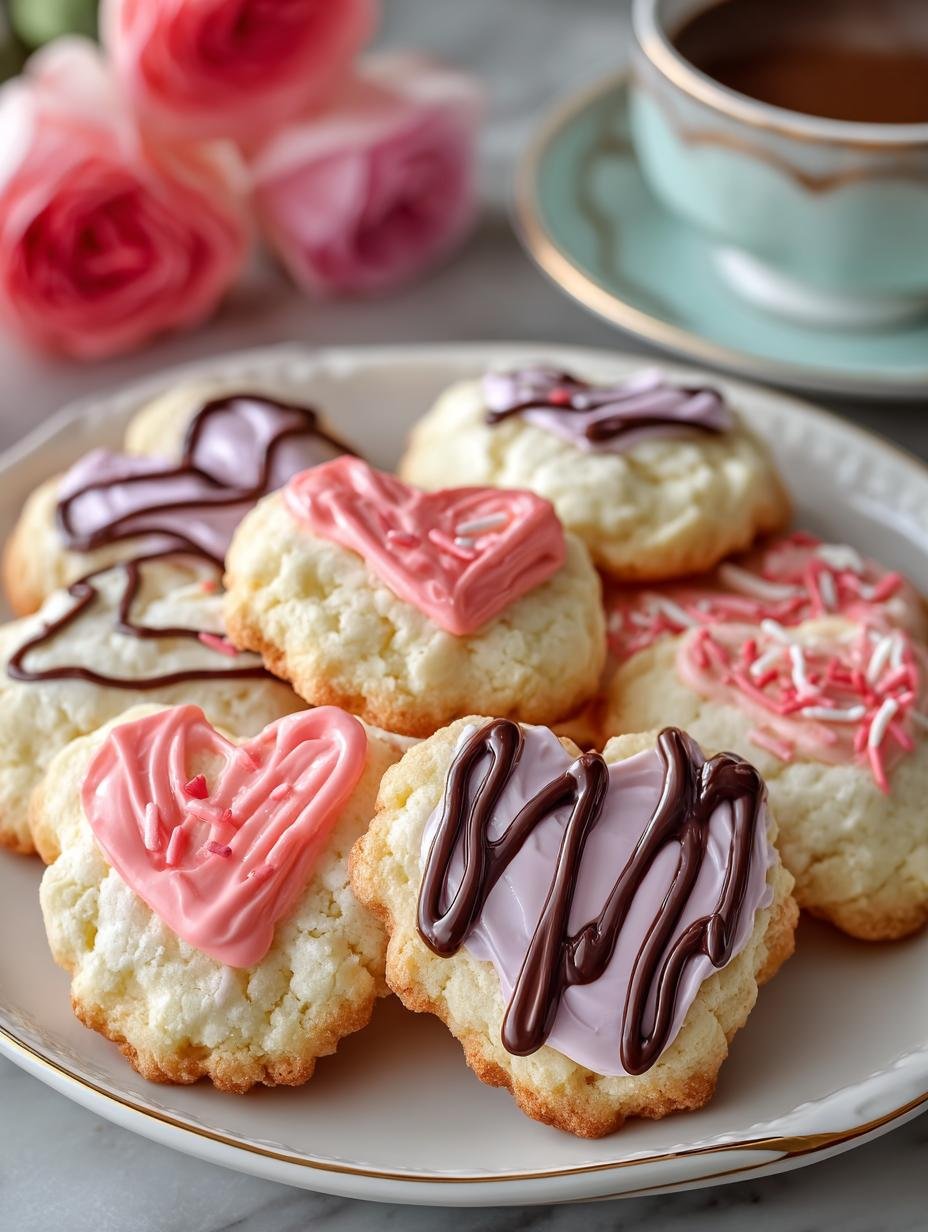 Close-up van Keto Frischkäse Plätzchen Valentinstag met chocolade drizzle en hartjesdecoratie