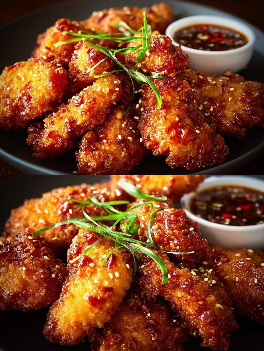 Close-up van perfect gekookte Koreanisches Airfryer Huhn Knusprig, bedekt met glanzende saus en sesamzaadjes.