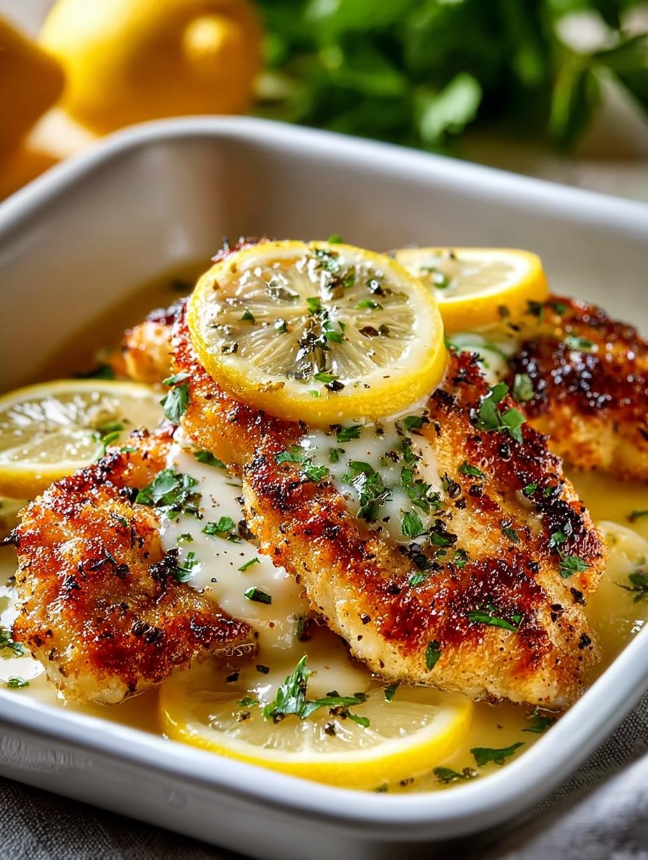 Close-up van een perfect gebakken Lemon Chicken Romano met gesmolten kaas en verse citroenschijfjes