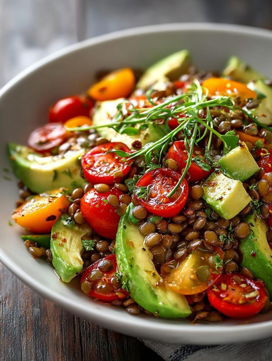 Levendige Linzensalade met Avocado, cherrytomaatjes en komkommer in een witte kom, klaar om te serveren