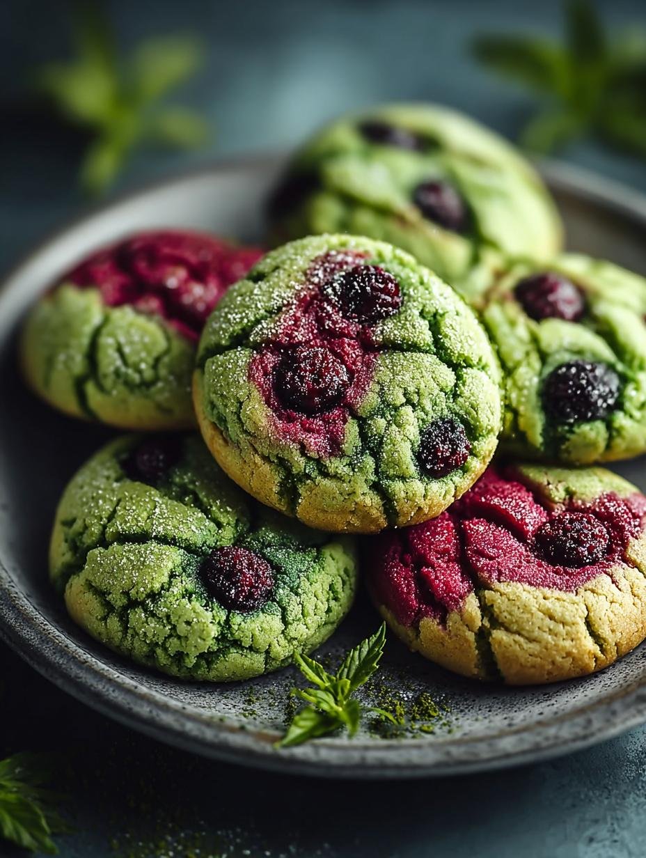 Heerlijke Marmeren Bessen Matcha Koekjes met een prachtig marmerpatroon, klaar om te serveren.