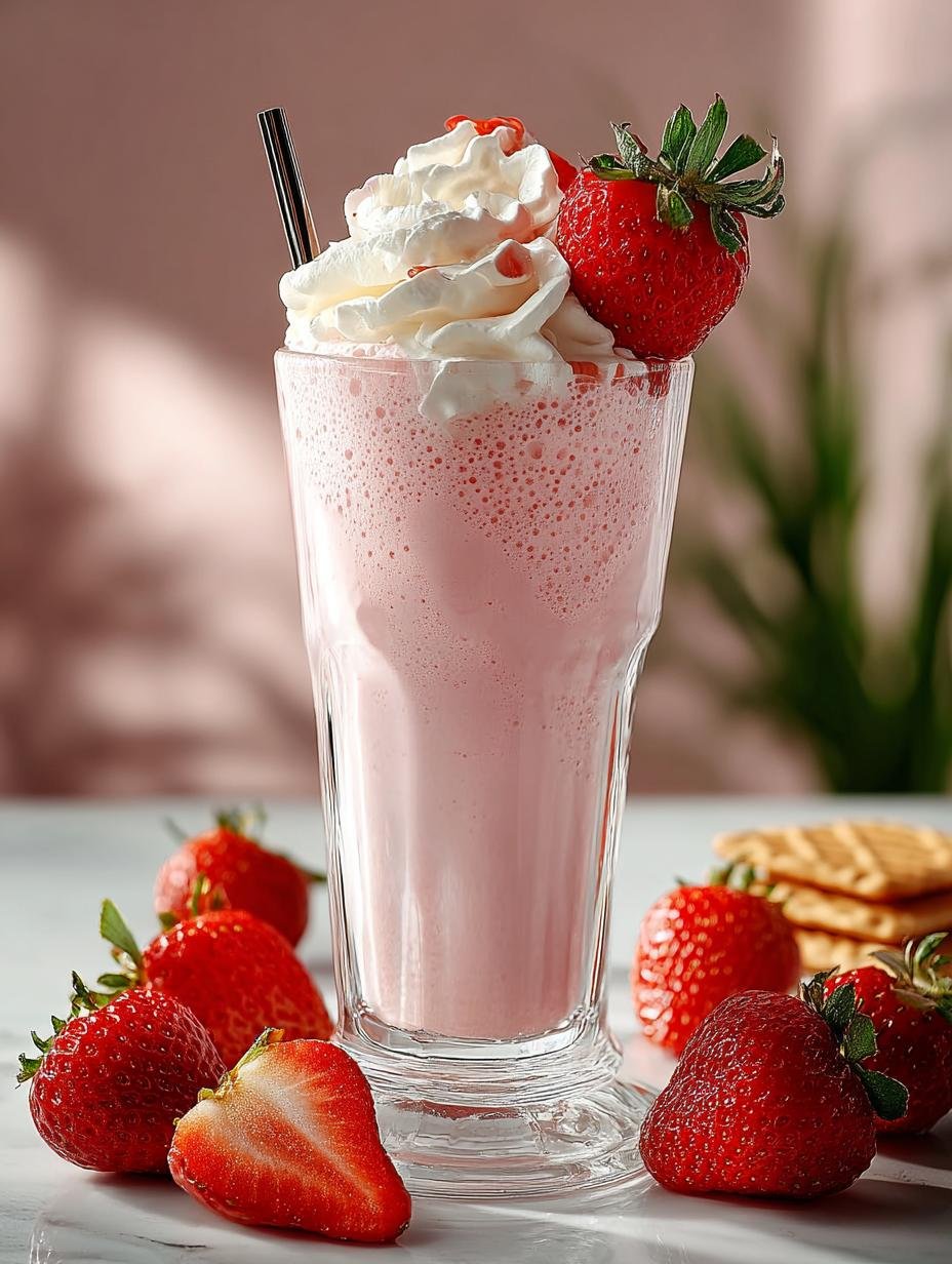 Close-up van een romige McKeto Erdbeer Milchshake Low met verse aardbeien en muntblaadjes