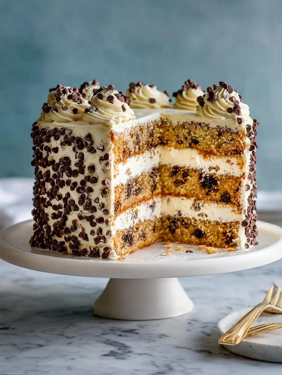 Close-up van een plak Momofuku Milk Bar Chocolate met zichtbare lagen van cake, kwark en kruimels