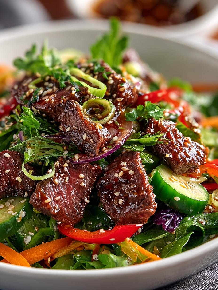 Heerlijke Mongolischer Rindfleischsalat Sesam Vinaigrette met malse biefstuk en verse groenten