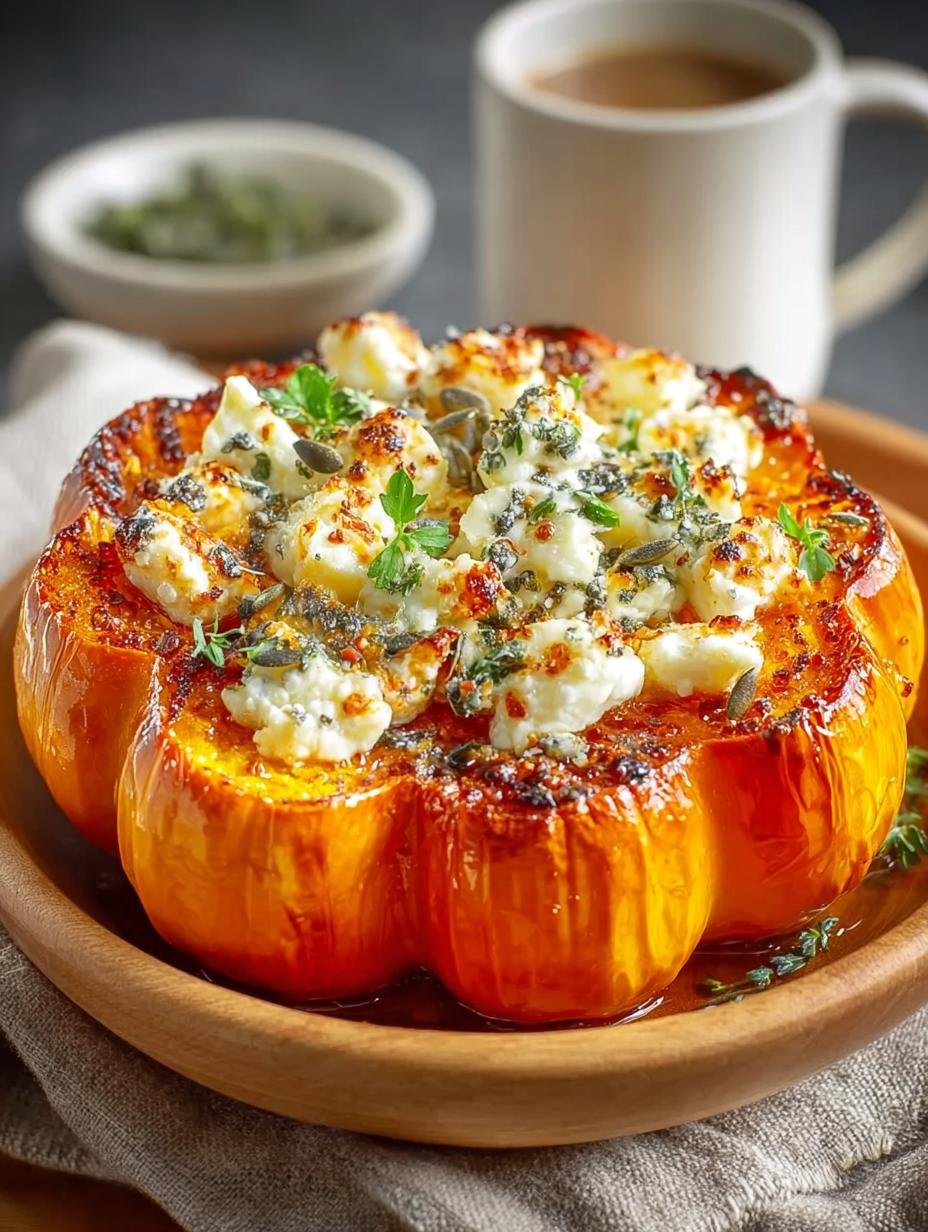 Close-up van Ofen Kürbis Mit Feta met verse kruiden en een gouden korst
