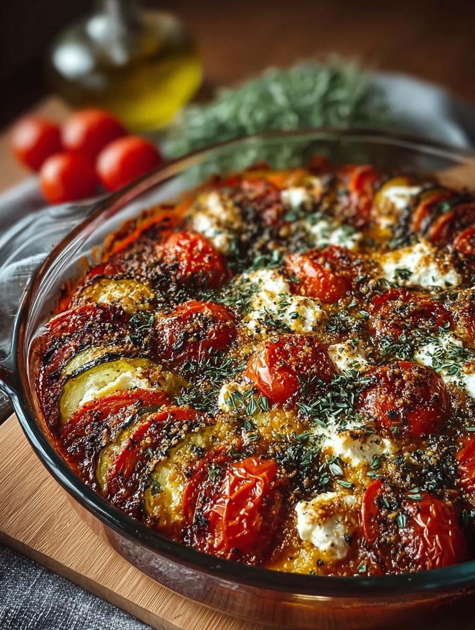Close-up van Ofen Ratatouille Met Feta met verse kruiden en een lepel, klaar om te serveren