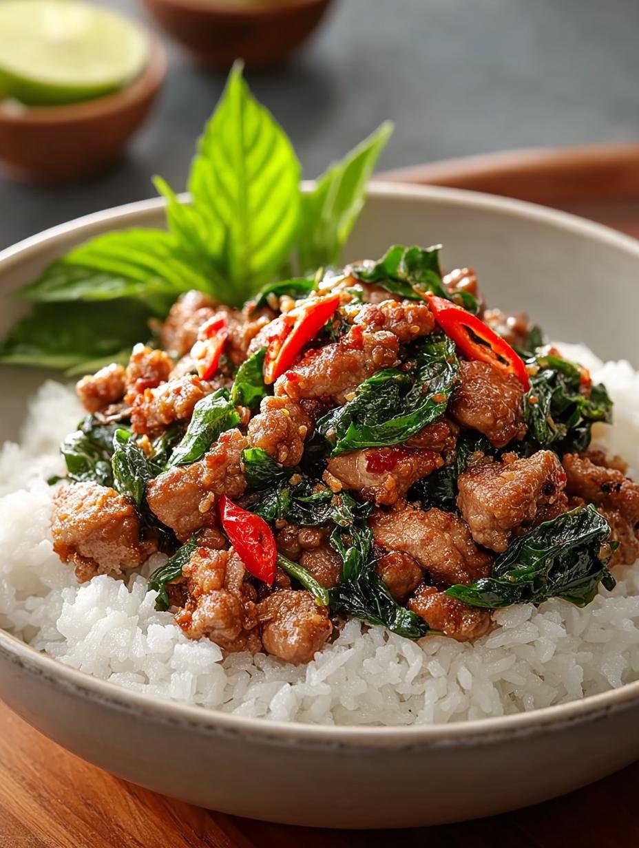 Heerlijke Pad Kra Pao Thai met gebakken ei en rijst, klaar om te eten. Een ultieme smaakexplosie van dit Thaise roerbakgerecht.