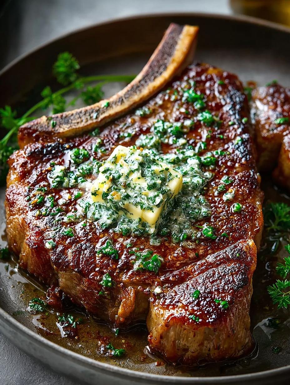 Close-up van een perfect gesneden Pan Roasted Ribeye met peterselieboter en gekarameliseerde sjalotten - additional detail