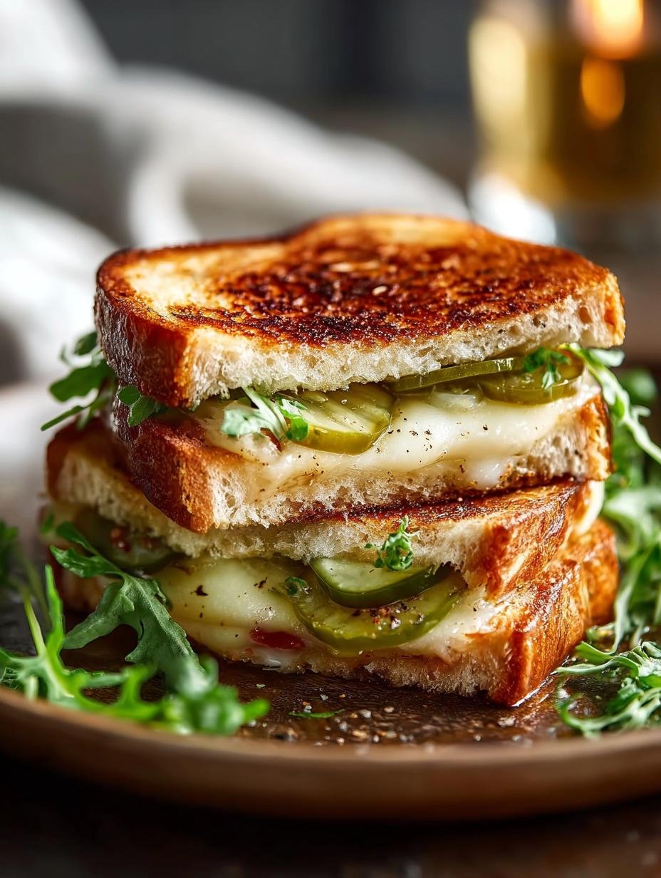Close-up van een perfect gesneden Pickle Grilled Cheese met gesmolten kaas en zichtbare augurken.