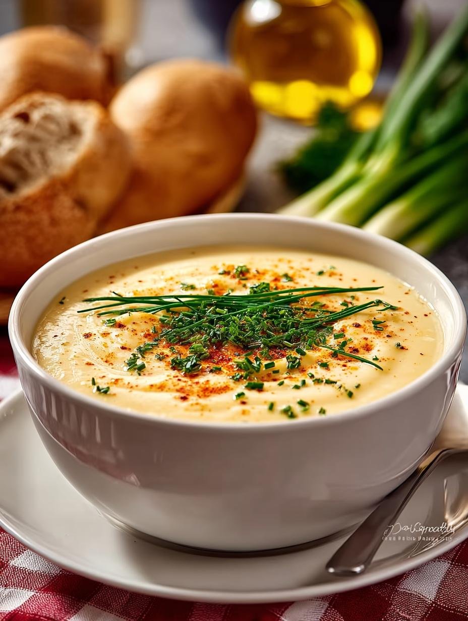 Heerlijke Pot Kartoffelsuppe Cremig Schnell, romige aardappelsoep met verse kruiden en een lepel erin, klaar om te eten