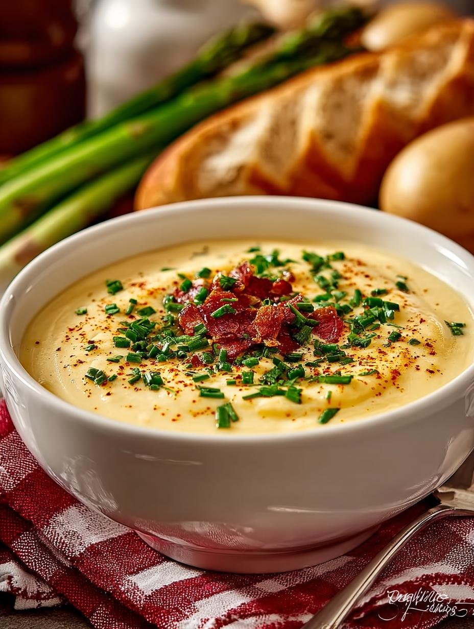 Close-up van een kom Pot Kartoffelsuppe Cremig Schnell, rijk en romig, gegarneerd met verse peterselie en croutons