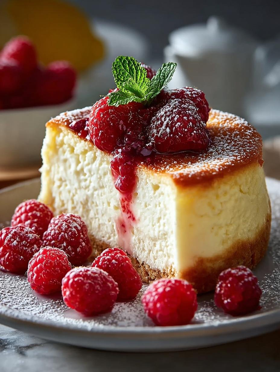 Hemelse Raspberry Limoncello Souffle Cheesecake, perfect gesneden met frambozen en munt
