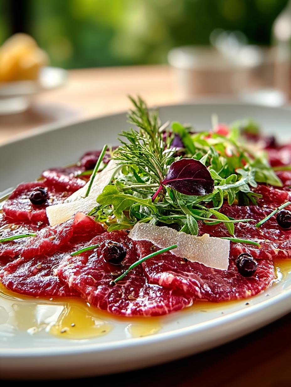 Reh Carpaccio: 1 magische smaakexplosie die je raakt - Reh Carpaccio Wacholderbeeren Rezept - close-up van de carpaccio met Parmezaanse kaas en rucola