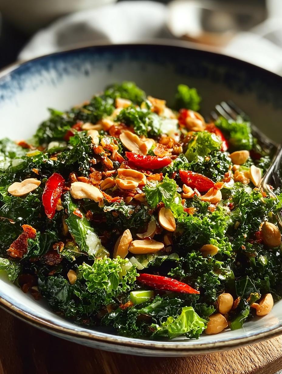 Heerlijke Roasted Peanut Kale Crunch: 4 Redenen! - Roasted Peanut Kale Crunch - close-up van de salade met pinda's en dressing