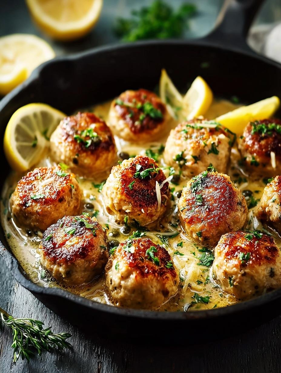 Close-up van Rustieke Kip Piccata Gehaktballetjes geserveerd met pasta en verse peterselie