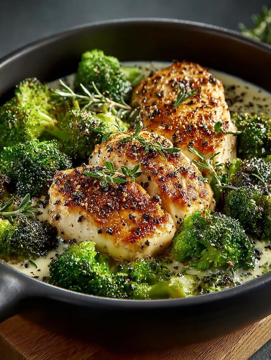 Close-up van Snelle Haehnchen Brokkoli Pfanne met romige saus en verse peterselie