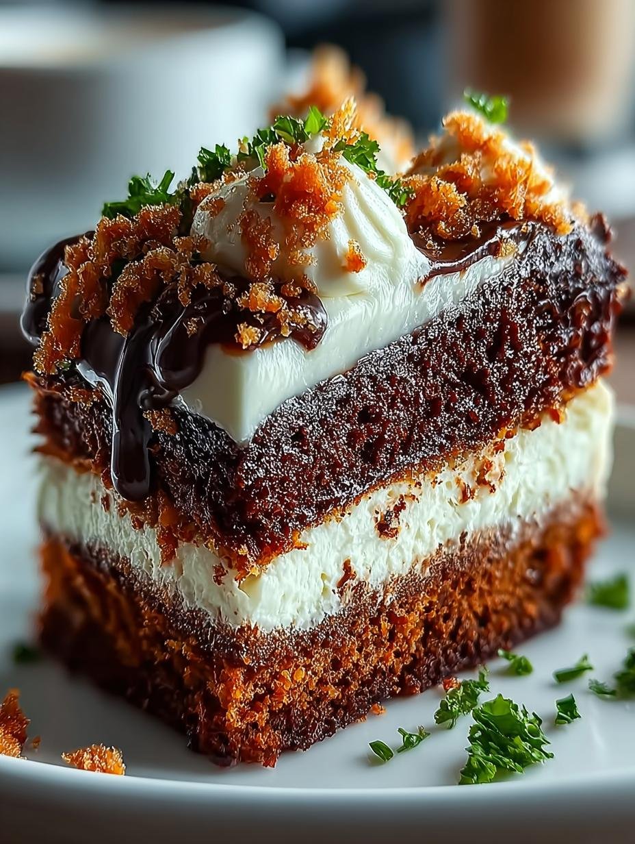 Close-up van een smeuïge plak Schoko Karottenkuchen Met Frischkaese met romig glazuur