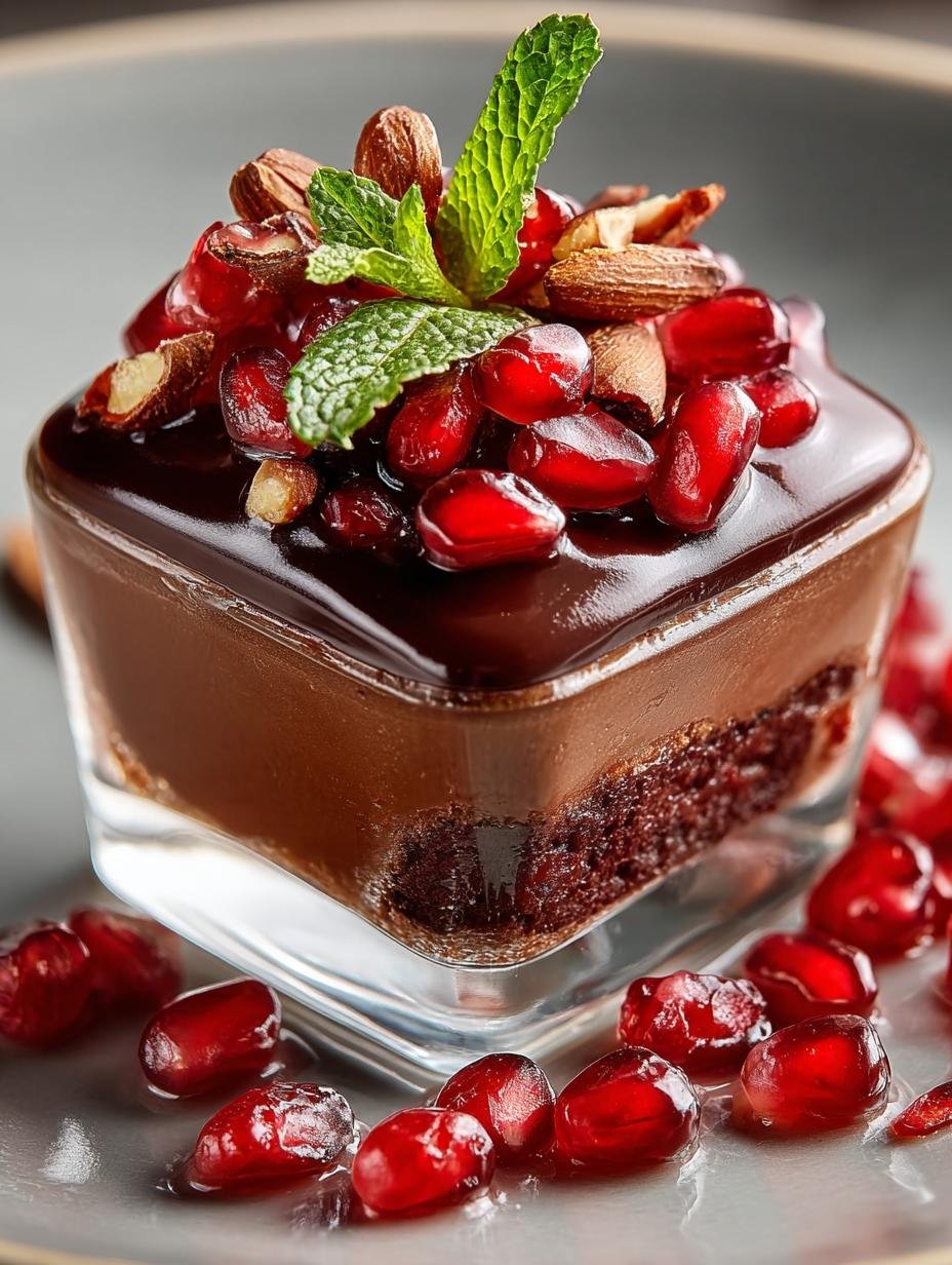 Verrukkelijk Schokoladen Granatapfel Dessert Rezept in een glas, perfect gelaagd met romige chocolade en glanzende granaatappelpitjes, klaar om van te genieten.