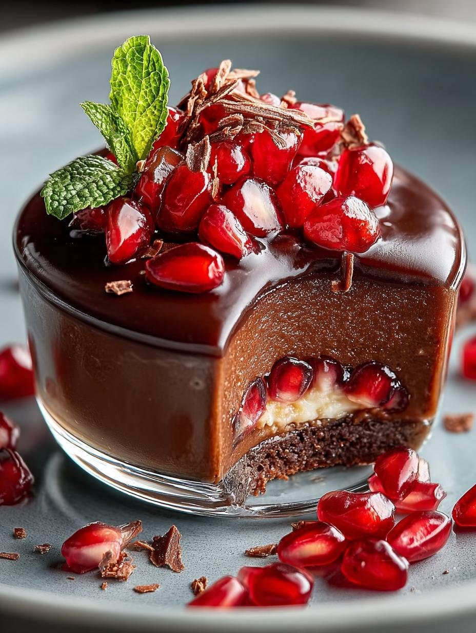 Close-up van een prachtig Schokoladen Granatapfel Dessert Rezept, versierd met verse munt en extra granaatappelpitjes, klaar om te serveren.