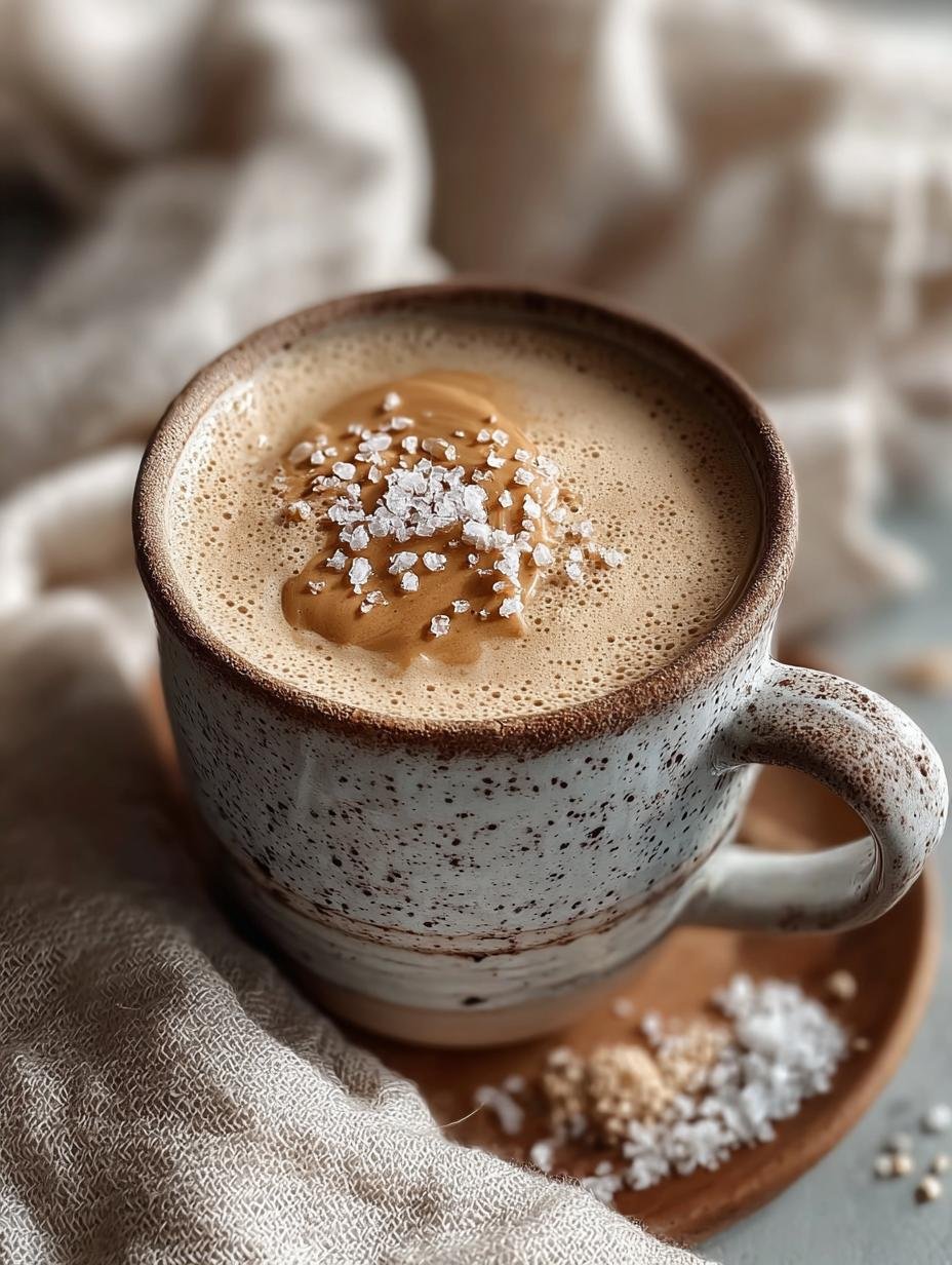 Verrukkelijke Zeezout Pindakaas Latte in een glas, perfect voor een gezellige ochtend