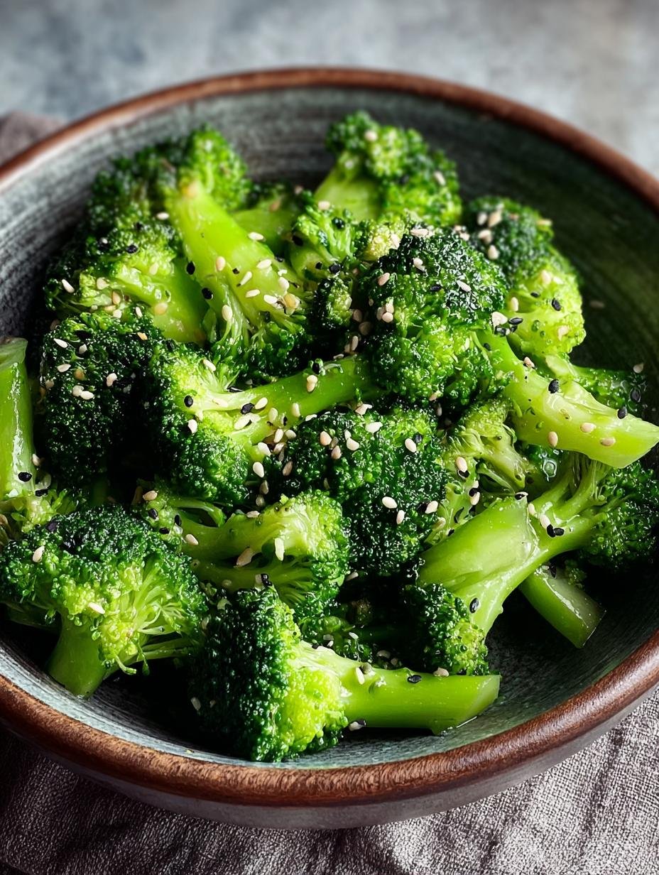 Levendige Sesam Geklede Gestoomde Broccoli, perfect bereid en klaar om te serveren, met een focus op de knapperige textuur en glanzende dressing.