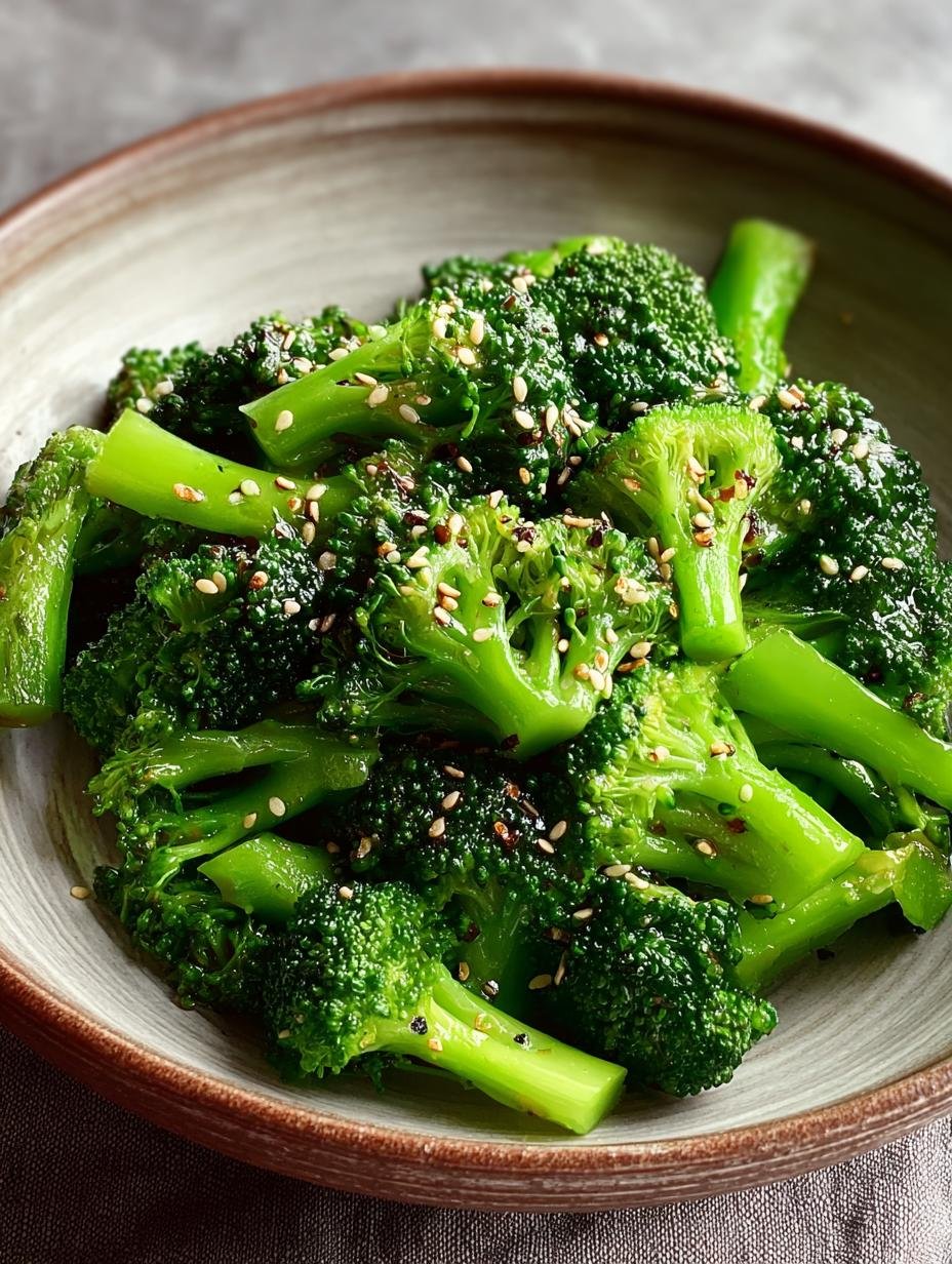Close-up van perfect gestoomde Sesam Geklede Gestoomde Broccoli, rijkelijk bedekt met sesamzaadjes en een glanzende dressing, klaar om te proeven.
