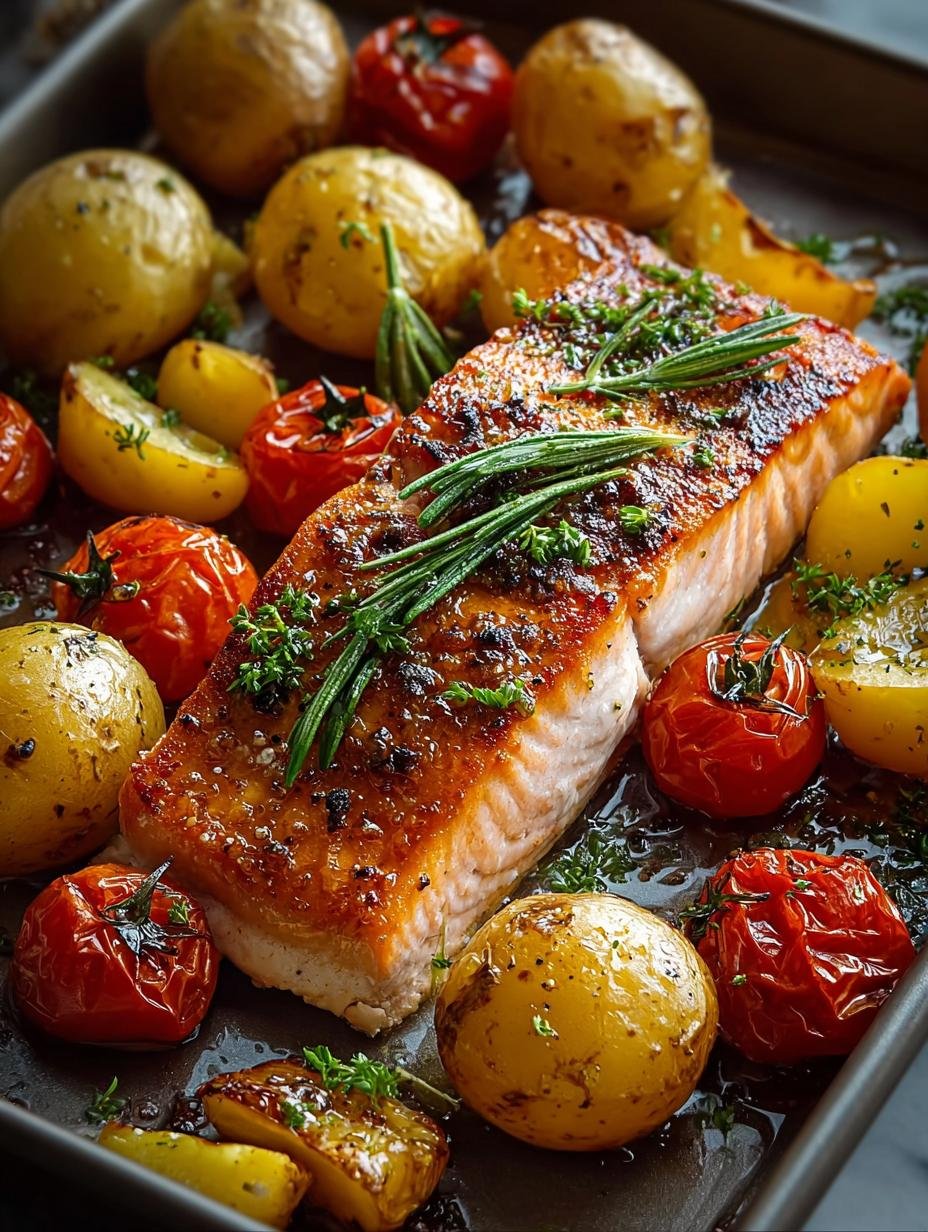Heerlijke Sheetpan Salmon Potatoes with, perfect gegaard met knapperige aardappelen en malse zalm
