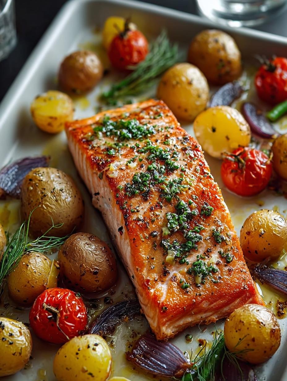 Close-up van een portie Sheetpan Salmon Potatoes with, met perfect geroosterde aardappelen, malse zalm en verse kruiden