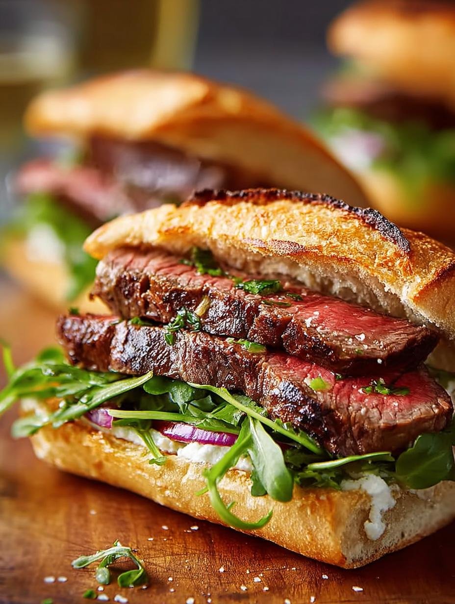 Heerlijke Sirloin Steak Sandwiches met perfect gegrilde sirloin steak, ingelegde rode uien en verse rucola op een geroosterd broodje