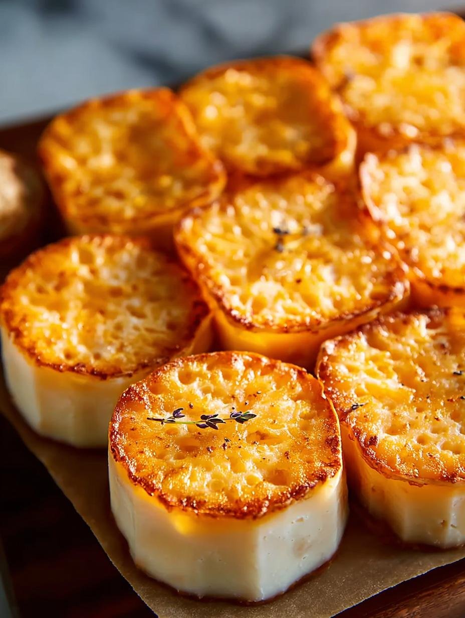 Heerlijke goudbruine Slice Bake Cheddar Cheese plakjes op een bakplaat, klaar om afgekoeld te worden