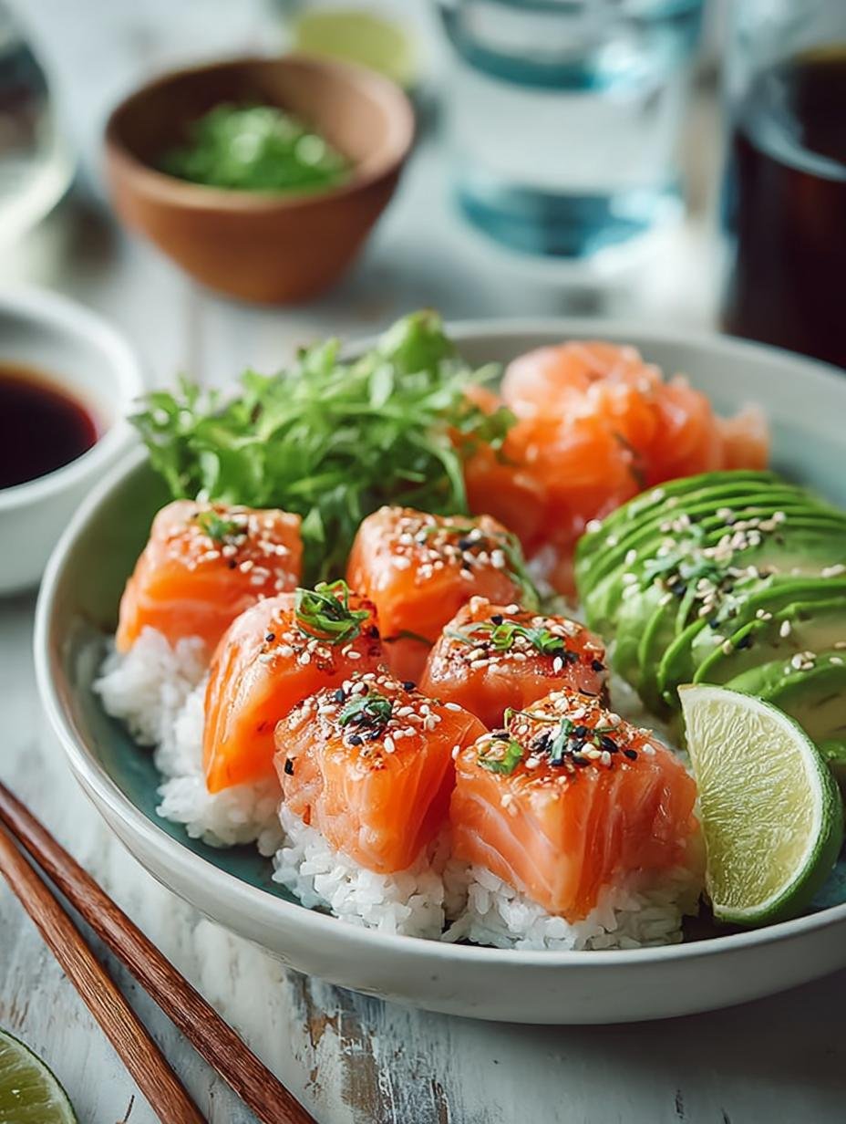 Close-up van Pittige Zalm Sushi Rijst met verse ingrediënten en een romige saus