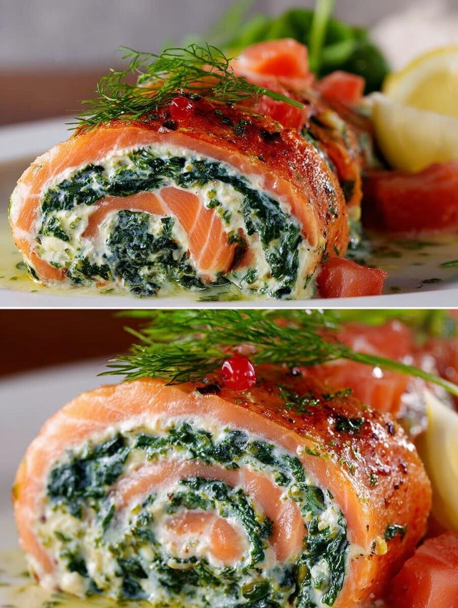 Heerlijke Spinat Lachs Rolle Fur, perfect opgerold en klaar om te snijden