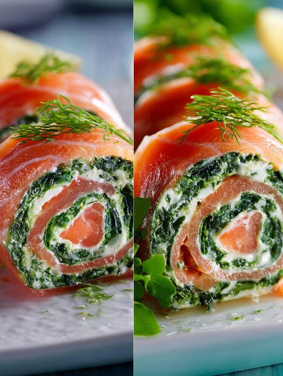 Gesneden plakjes Spinat Lachs Rolle Fur op een serveerschaal, perfect voor een feestje