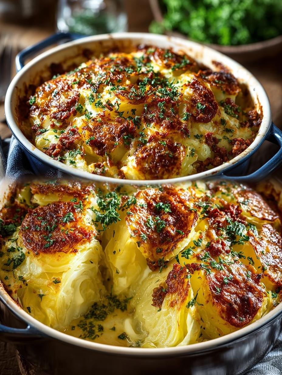 Heerlijke Spitzkohl Rezepte Hackfleisch Auflauf met romige saus en knapperige korst, perfect gebakken in een ovenschaal