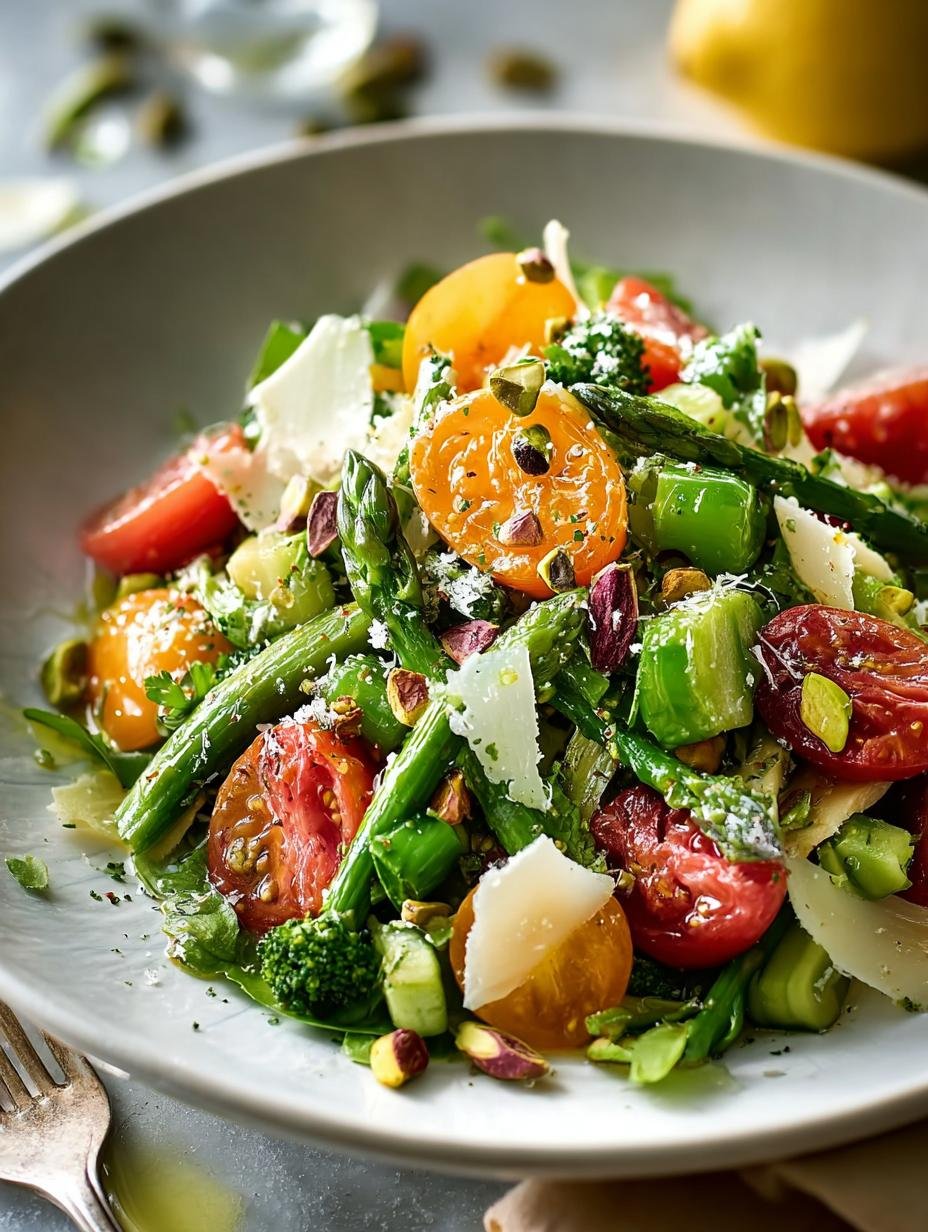 Heerlijke Lente Groentesalade met pistachenoten en een frisse citroen-Dijon vinaigrette.