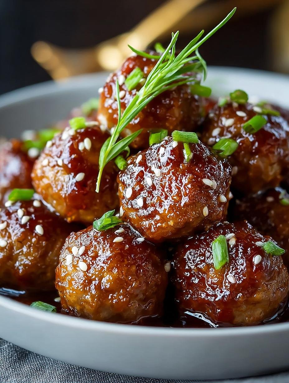 Heerlijke Sticky Honey Garlic Meatballs geserveerd met rijst en verse lente-uitjes, klaar om van te genieten.