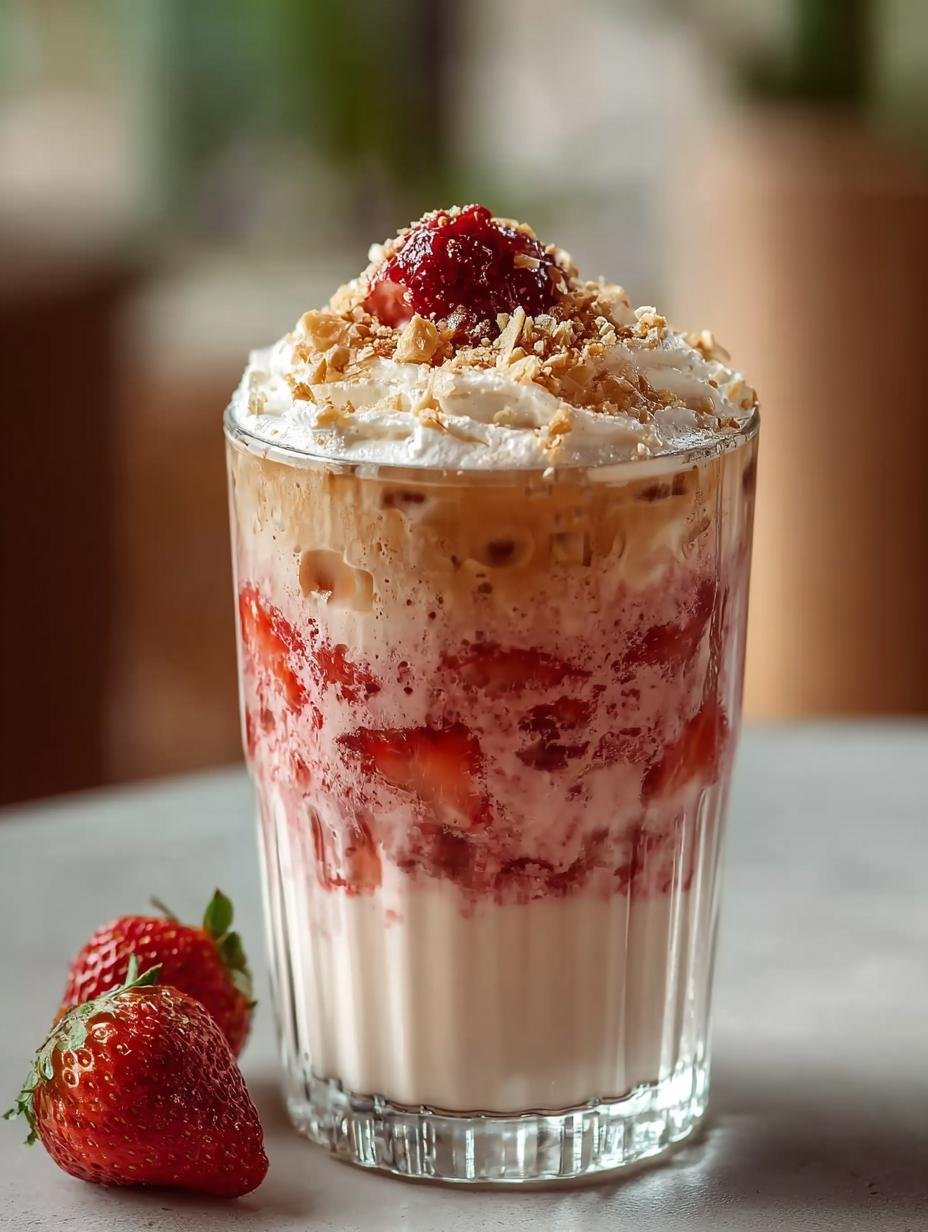 Strawberry Cheesecake Iced Latte: 320 Kcal Geluk! - Strawberry Cheesecake Iced Latte - main visual representation