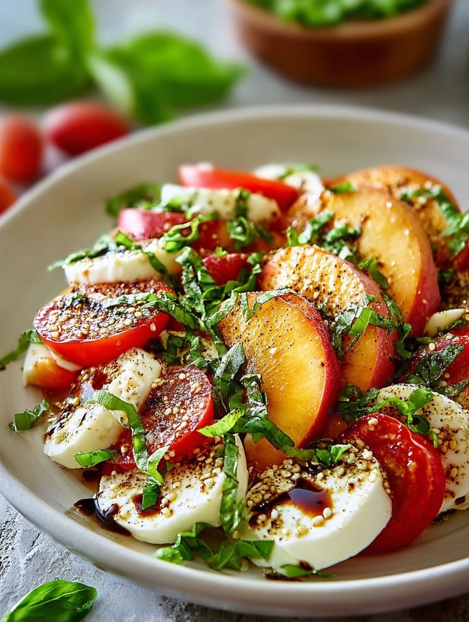 Verrukkelijke Summer Peach Balsamic Caprese met verse perziken, mozzarella en basilicum, perfect voor de zomer