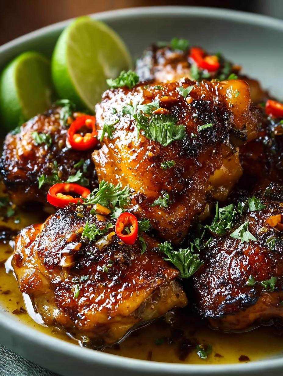 Heerlijke Tamarind Kokos Kipdijen geserveerd met rijst en verse koriander, klaar om te eten.