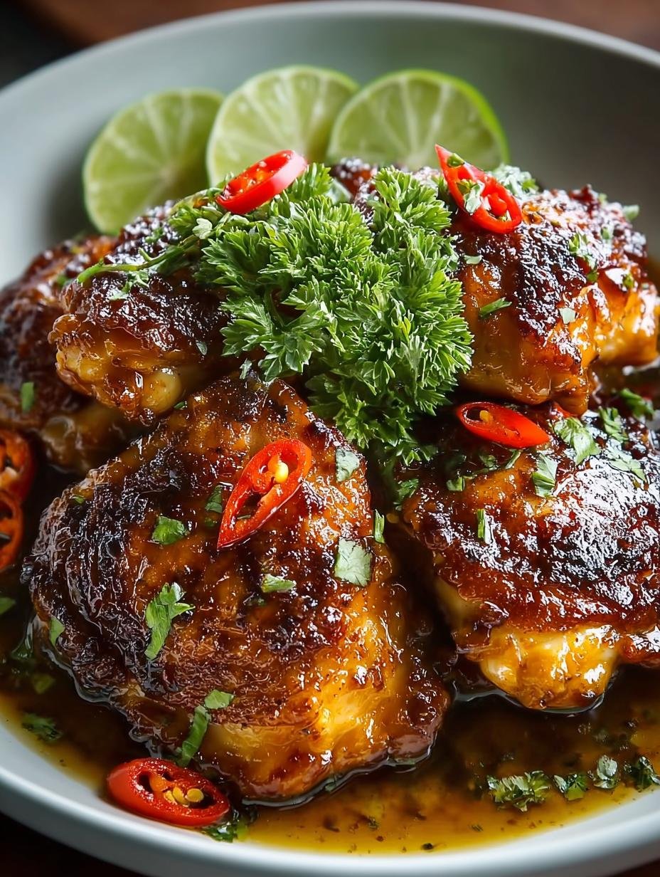 Close-up van perfect gegaarde Tamarind Kokos Kipdijen met een glanzende saus en verse kruiden.