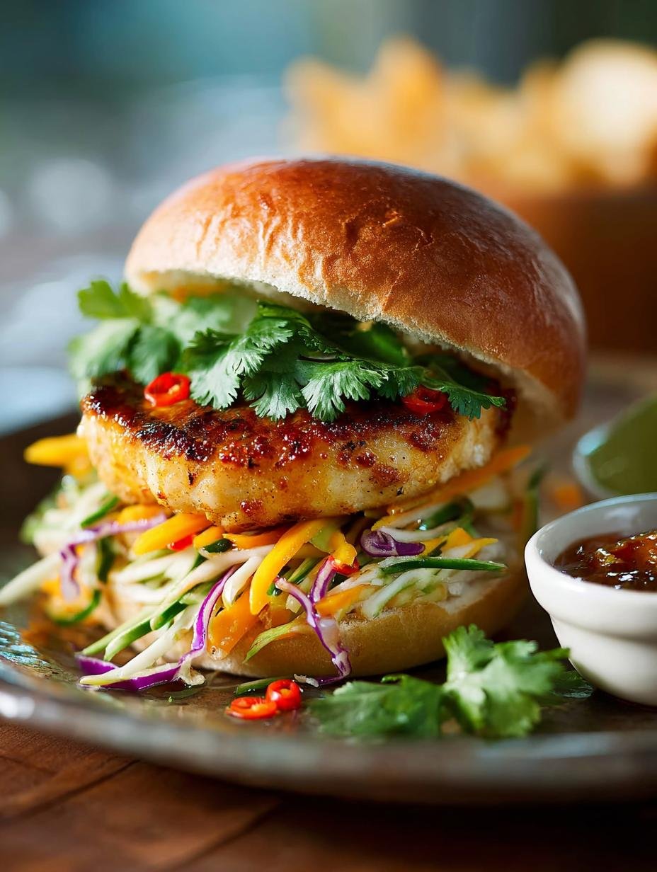 Heerlijke Thaise Visburgers met frisse groene mango- en papajasalade, geserveerd op een geroosterd briochebroodje met sriracha-mayo.