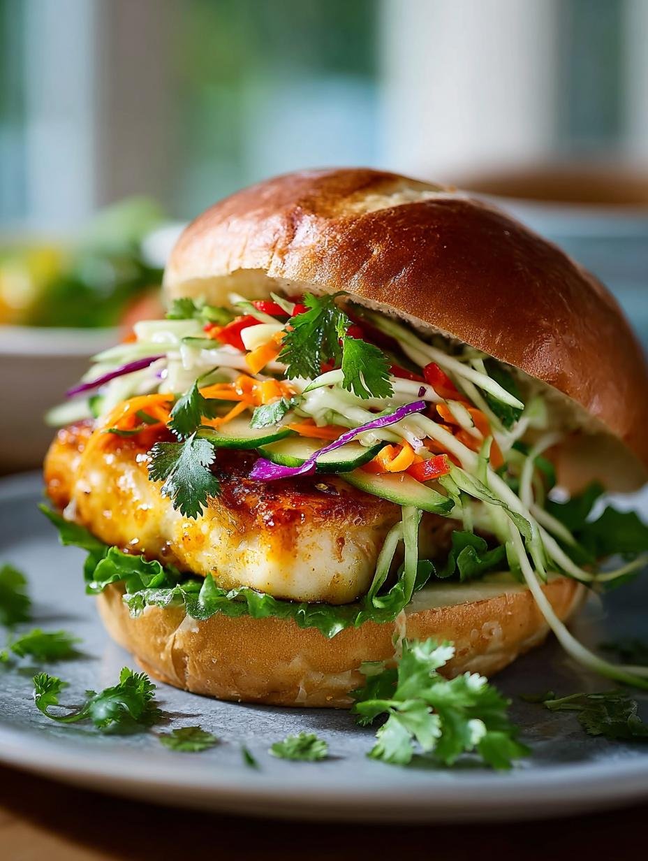 Close-up van een Thaise Visburger met een perfect gebakken visfilet, rijkelijk belegd met groene mango- en papajasalade en sriracha-mayo.