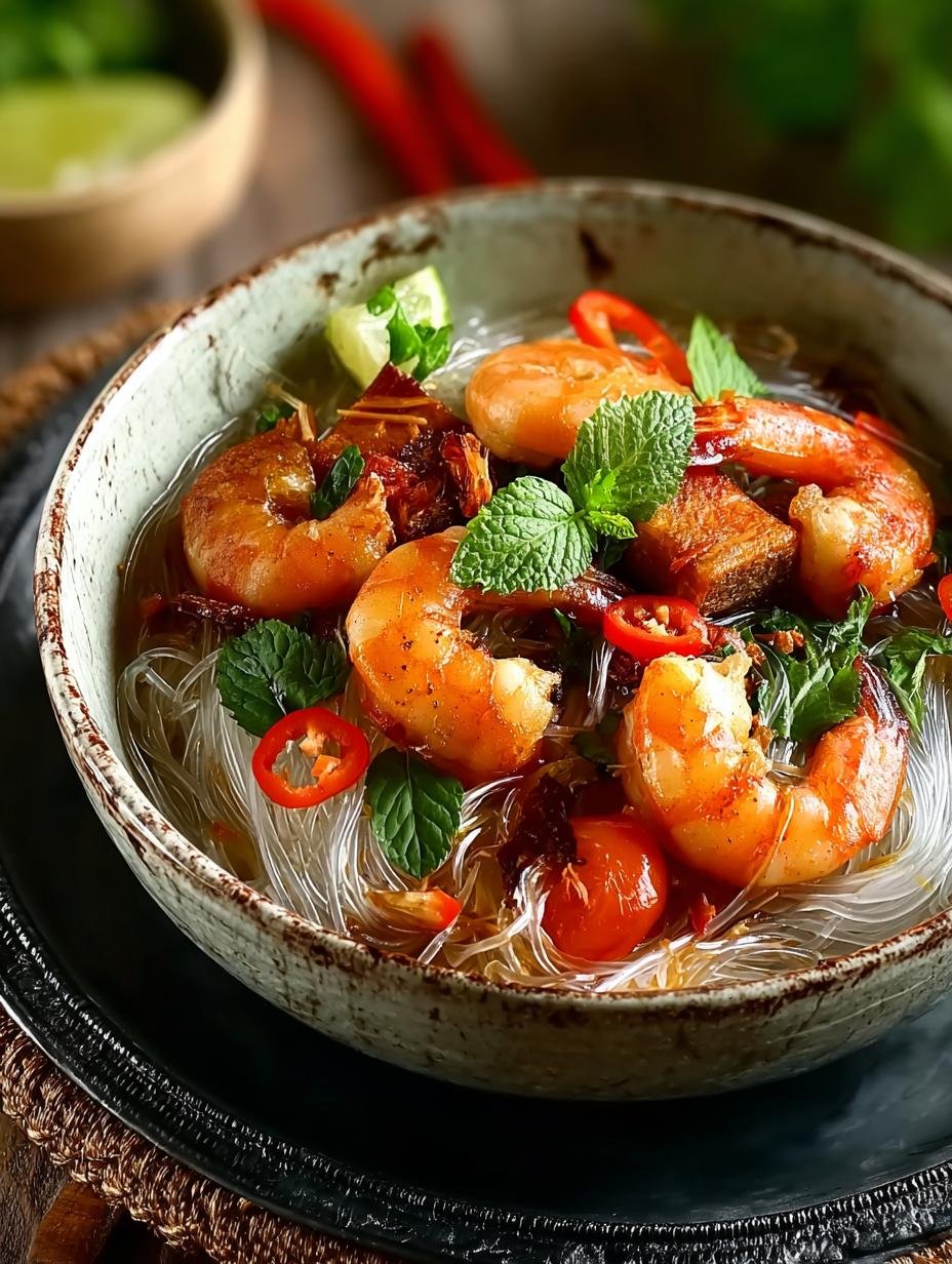 Heerlijke Thai Style Prawn met glasnoedels en verse groenten, klaar om te serveren