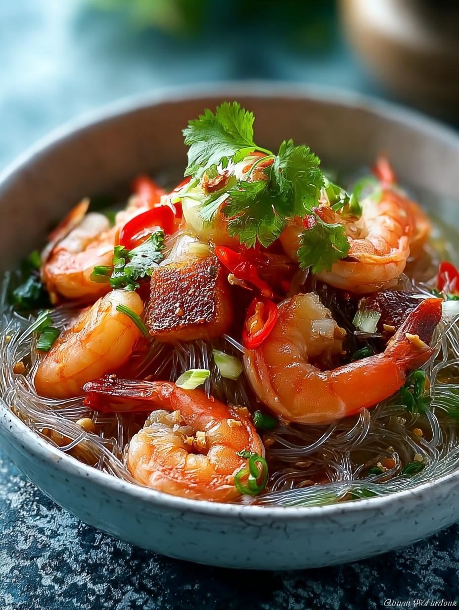 Close-up van Thai Style Prawn met glasnoedels, shiitake en Chinese kool in een wok