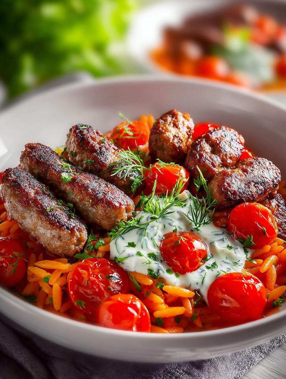 Tomaten Kritharaki Met Veganen geserveerd met veganistische Cevapcici en Tzatziki