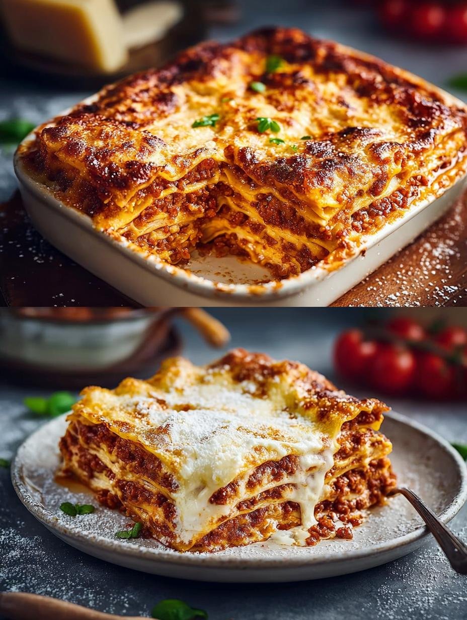 Close-up van een portie Vegane Lasagne Bolognese Mit Linzen, geserveerd met verse basilicum
