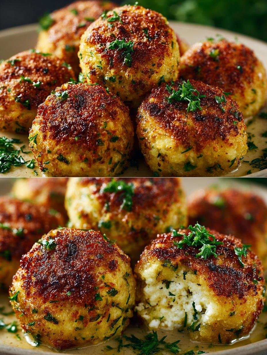 Heerlijke goudbruine Vegetarische Rezepte Einfach Knusprige courgette-feta balletjes op een bord met verse kruiden