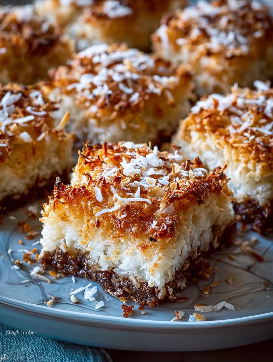 Heerlijke Warme Toasted Karamel Kokos bars, vers uit de oven, met gesmolten chocolade en noten, klaar om gesneden te worden.